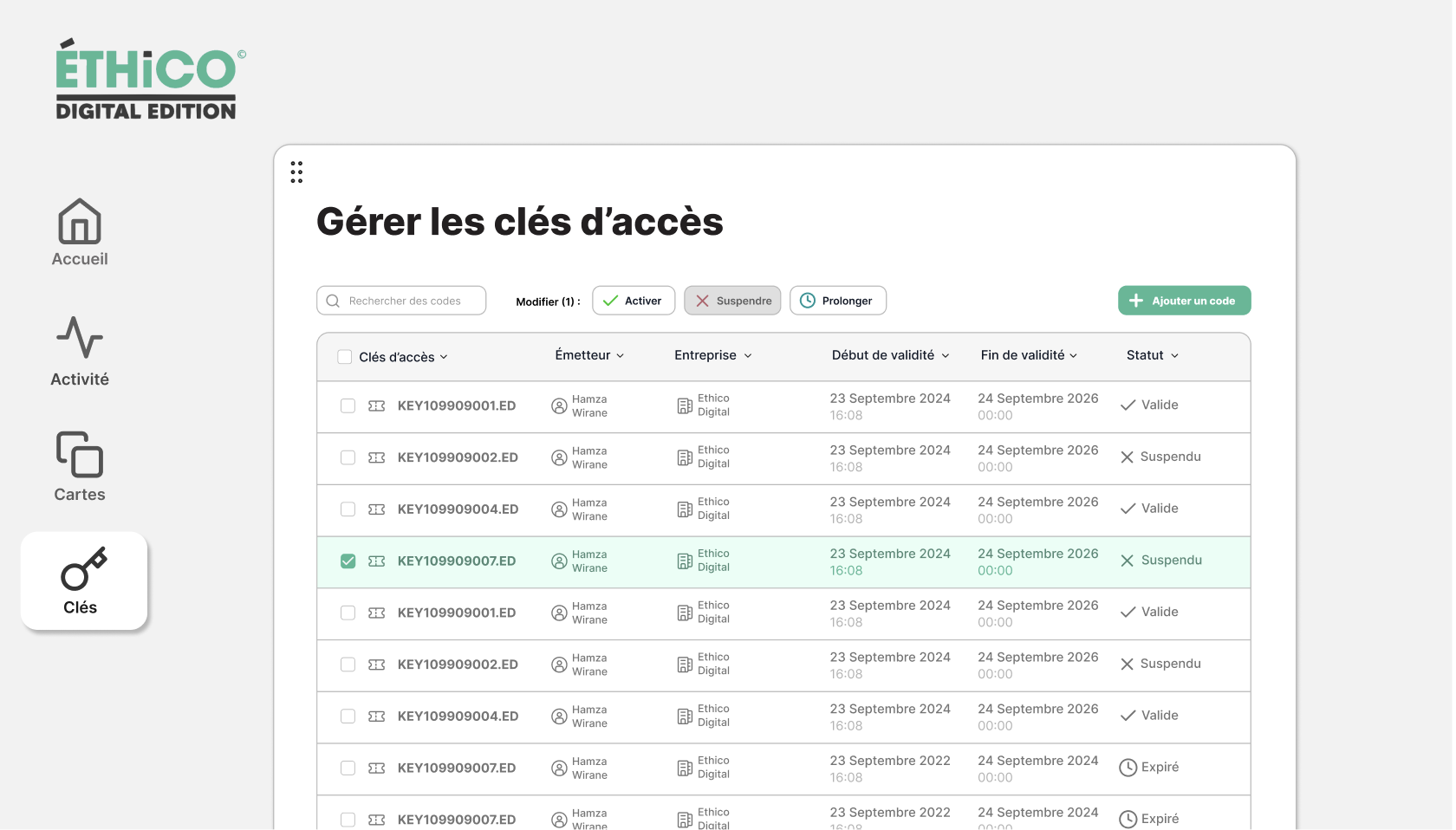 ETHICO Administration des clés